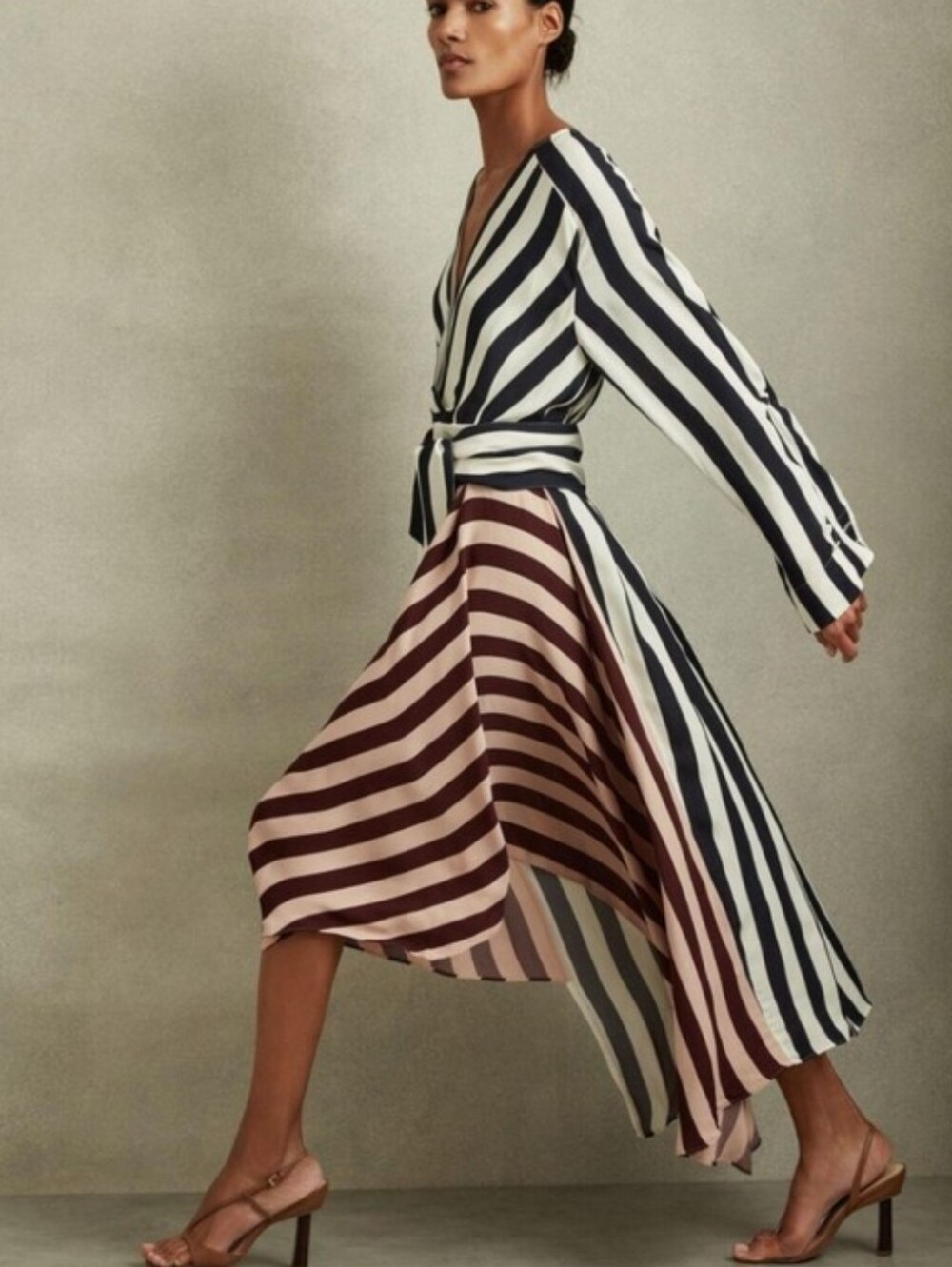 Reiss Nola Colourblock Asymmetric Stripe Midi Dress - Picture 2 of 16